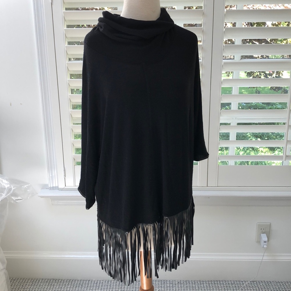 Black sweater poncho with leather trim